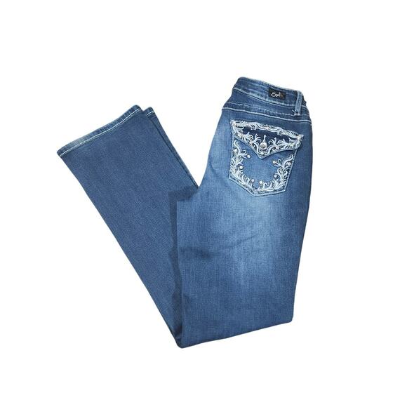 Y2K Bling Denim Slim Bootcut Jeans Women’s Size 8 Rhinestone Flap Pockets - Picture 1 of 10